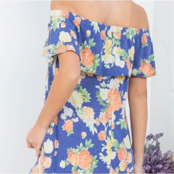 So cute! Tropical blue FLORAL PRINT OFF SHOULDER RUFFLE w/POCKET mini DRESS, NWT - Picture 6 of 15